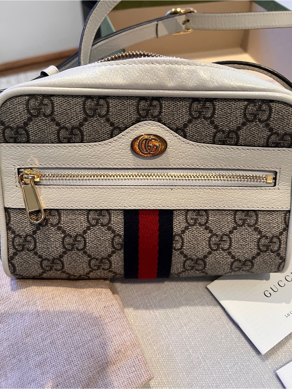 Gucci Beige GG Supreme Crossbody with White Trim and Red-Blue Web Stripe